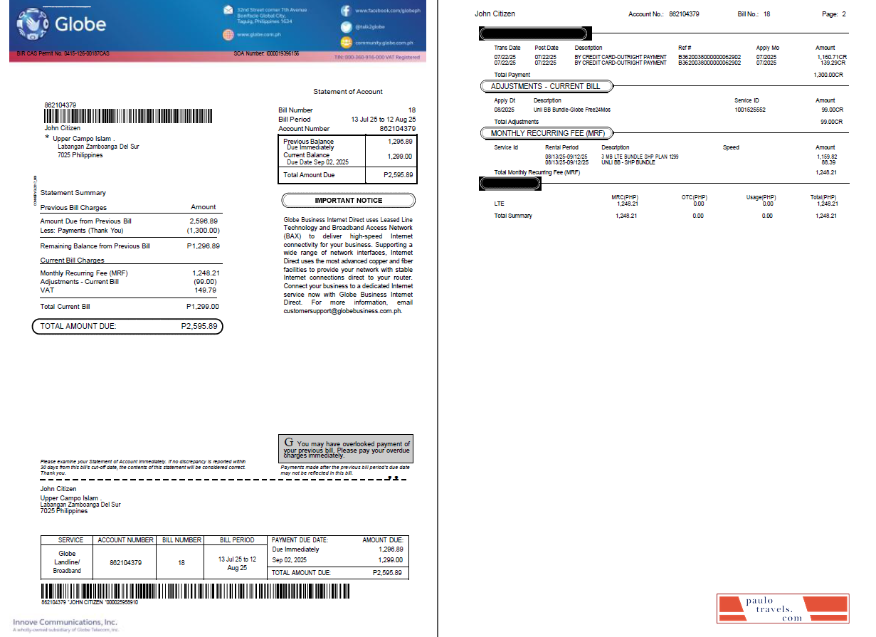 Philippines Globe utility bill template in Word and PDF formats, 2 pages
